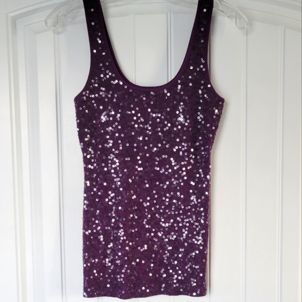 Express Purple Ribbed Sequin Front Tank S